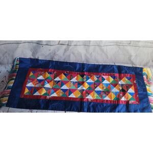 Silk Multi Color Triangle Quilted Table Runner With Fringe Possibly Handmade 36"